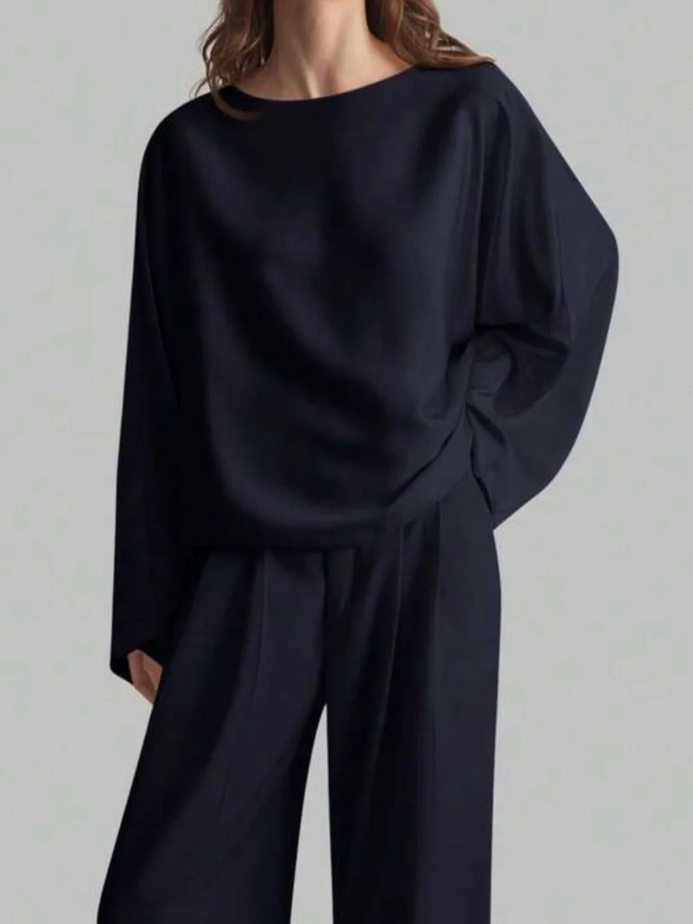 Dark navy blue Satin Wide-Sleeve Sleep Top